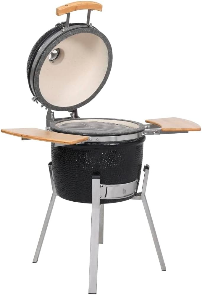 Parrilla Kamado de cerámica. Barbacoa cerámica Kamado 76 cm con estantes plegables con tapa abatible y termómetro. Ventilación doble para asar, hornear y ahumar. 