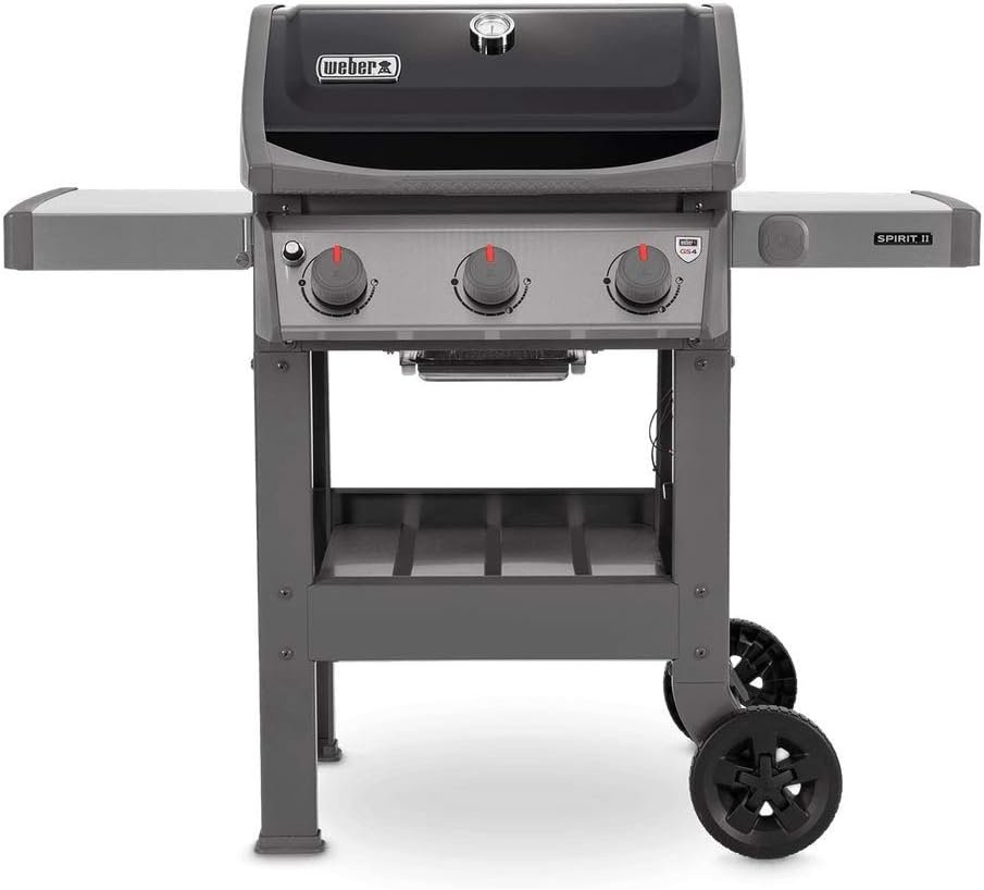 Weber Spirit II E-310 GBS. Barbacoa de gas, 3 quemadores, parrilla de cocción de 60 x 46 cm, termómetro en la tapa, estante lateral izquierdo plegable, 4 ruedas, negro/gris.