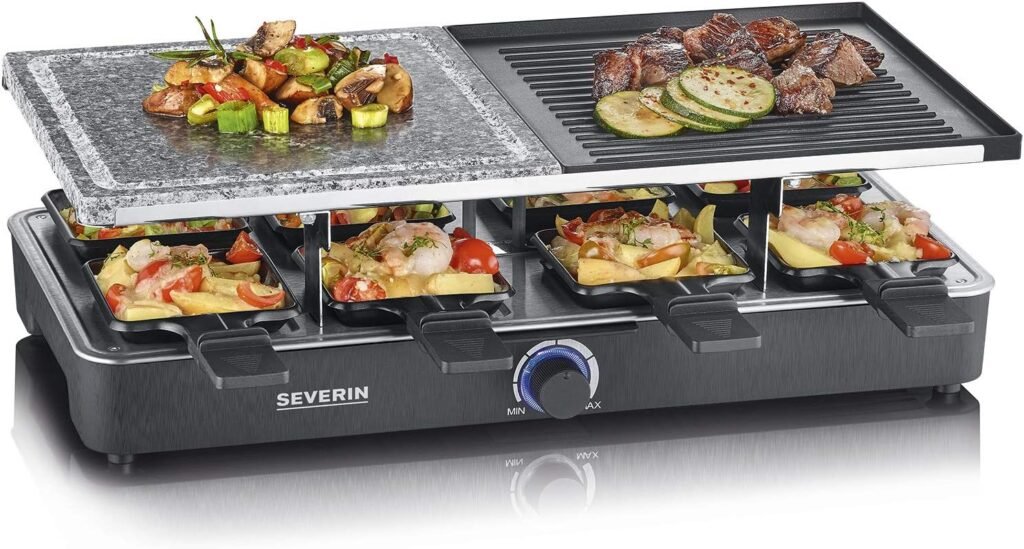 SEVERIN Raclette con piedra natural y placa de parrilla, grill con parrilla antiadherente y 8 sartenes. Parrilla eléctrica para 8 personas, máx. Potencia 1400 W.